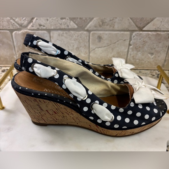Sperry Polka Dot Bow Open Toe Cork Heel Wedge - Picture 3 of 16